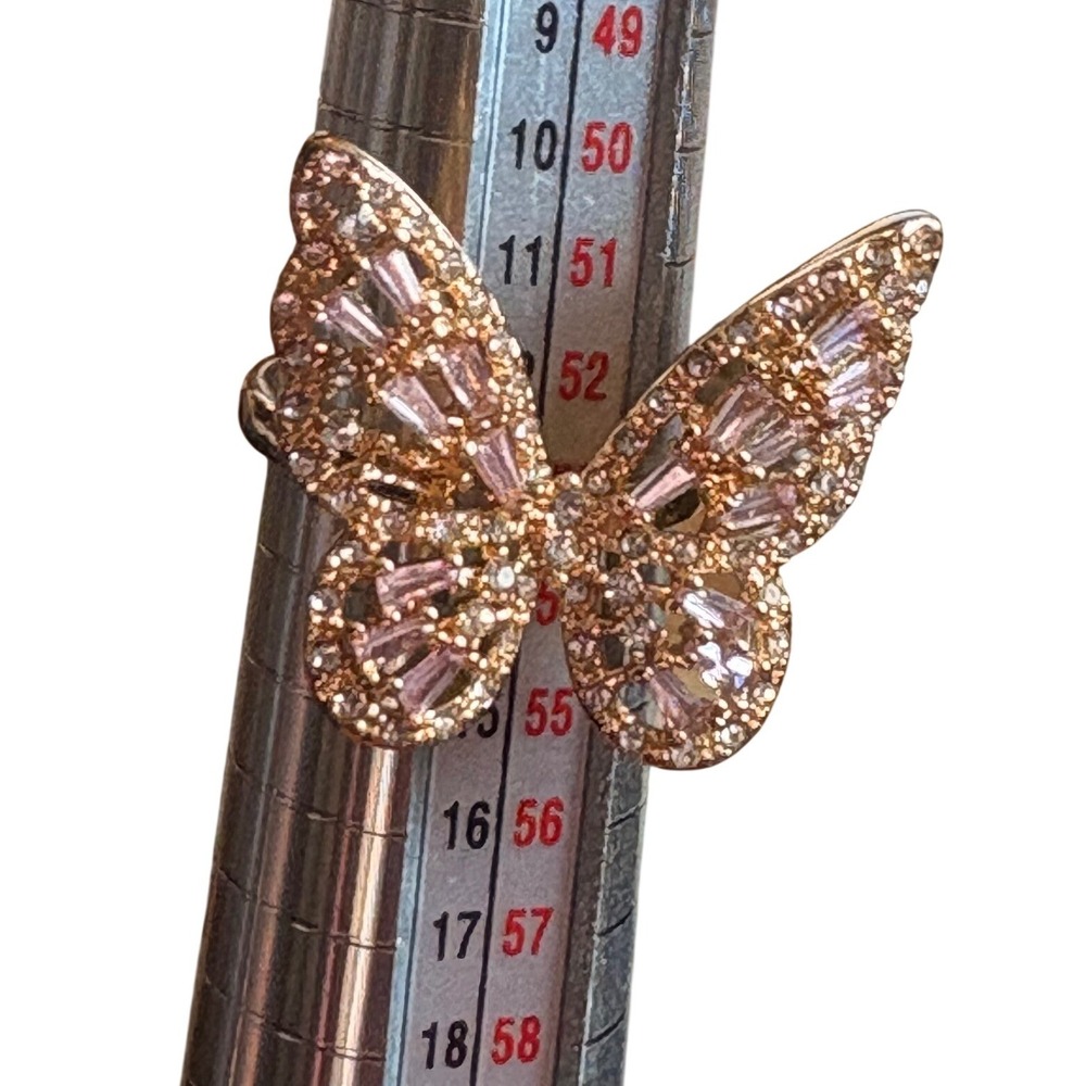 Gold Tone Pink Baguette Crystal Butterfly Statement Cocktail Ring Size 6.5